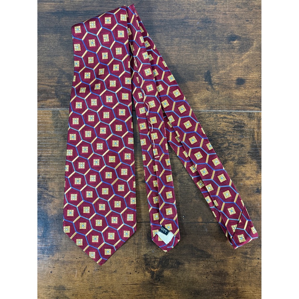 Robert Talbott Estate Burgundy Red Gold Geometric Silk Necktie Hand Sewn USA